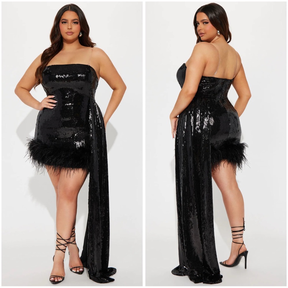 Black Sequin Strapless Dress with Feather Trim